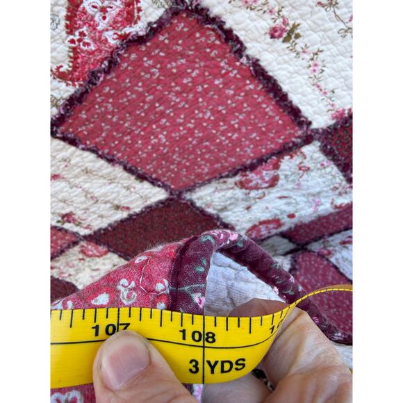 Quilt Blanket cream pink red full size cottagecore distressed cozycore country ￼ - Picture 2 of 7